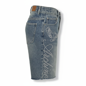 DISCOVER-IMPEX 2026 Short en jean vintage bleu clair uni pour homme, orné de strass, délavé, décontracté, été, 100 % coton - Product Image 6