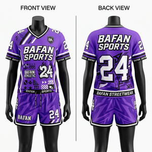 ชุดเสื้อและกางเกงฟุตบอลผู้หญิง คุณภาพสูง 190 GSM ผ้าโพลีเอสเตอร์ระบายอากาศได้ดี สีม่วง ลายกราฟิก โลโก้แบบซับลิเมชั่น - Product Image 1