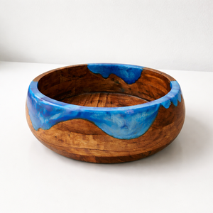 Tazón para Ensalada Redondo Decorativo Hecho a Mano de Madera de Acacia con Resina Epoxi Azul y Marrón Natural, para Servir en Fiestas, Festivales y Decoración del Hogar - Product Image 1