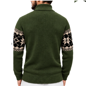 Pull jacquard en laine/acrylique vert Fair Isle pour homme, col montant, anti-rétrécissement, anti-boulochage, motif flocon de neige nordique - Product Image 2