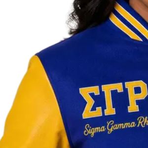 เสื้อแจ็คเก็ต Sigma Gamma Rho สีน้ำเงิน ตัวอักษรกรีกสีทอง เสื้อแจ็คเก็ตชมรมนักศึกษา ปักลายตามสั่ง เสื้อแจ็คเก็ตทีมมหาวิทยาลัย แบบ unisex สไตล์สตรีท - Product Image 3