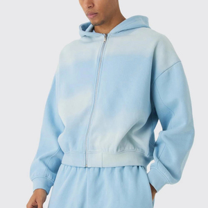 เสื้อฮู้ดดี้โอเวอร์ไซส์ทรงหลวมสำหรับผู้ชาย ล้างสีแบบแอซิดวอช มีซิป สไตล์สตรีทแวร์ลำลอง เหมาะสำหรับใส่ในฤดูใบไม้ร่วง สีฟ้าอ่อน ผลิตจากผ้าฝ้ายโพลีเอสเตอร์ 100% เฟรนช์เทอร์รี่ - Product Image 1