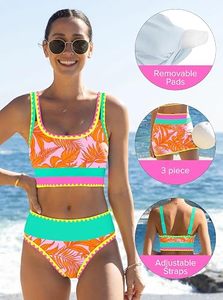 Women's Floral Color Blocking <b>Bikini</b> <b>Set</b> High Waist Bandeau Top Contrast Binding Stretch Swimwear Two Piece Regular Fit Front - Product Image 6