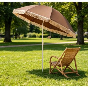 Parasol de patio bohème à franges de 7 pieds, inclinaison réglable à 30 degrés, auvent solaire extérieur portable, en métal, 2 sections, pour plage et hôtel - Product Image 1