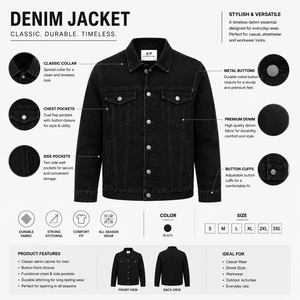 Men's Black Denim Jacket Casual Turn-down Collar Single Breasted Washed Cotton Regular Fit Autumn Wear - Product Image 2
