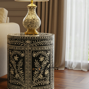 Luxury Modern Black Chevron Bone Inlay Eco-Friendly <b>Side</b> <b>Table</b> 2 Drawers Handcrafted Wooden <b>Drum</b> Accent Bedroom Furniture - Product Image 2