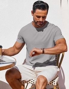 Camiseta de Manga Corta para Hombre, Cuello Redondo, Color Gris, Corte Ajustado, Informal, Transpirable, Tejida, 100% Algodón, Color Sólido - Product Image 3