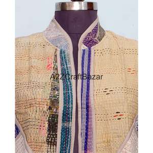 Handmade 100% Cotton Quilted Jacket Floral Print Vintage Design Breathable Fabric Covered Buttons Half Sleeves All Hand Drawn - Product Image 3