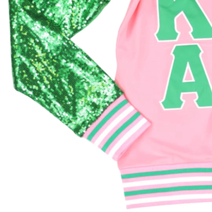 Cárdigan con logo AKA rosa y verde, suéter con botones para hermandad, chaqueta de moda con mangas brillantes, atuendo elegante y moderno para mujer - Product Image 6