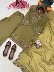 Conjunto Kurti Palazzo Bordado Color Granate con Dupatta, Traje Salwar para Mujer, Ropa Étnica para Bodas y Fiestas - Product Image 4