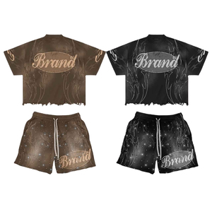 ชุดเสื้อยืดกางเกงขาสั้นลายกราฟิกแบบย้อมสีเอซิดสไตล์วินเทจประดับเพชรเทียมแนวสตรีทแวร์ ยูนิเซ็กส์ แบรนด์แฟชั่นสุดฮิต ขายส่ง - Product Image 5