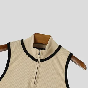 Débardeur sans manches en tricot côtelé beige pour homme avec col rond et fermeture éclair, décontracté, respirant, en polyester - Product Image 4