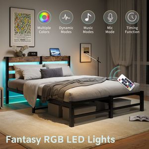 Struttura letto matrimoniale in metallo con testiera in legno e luci RGB, ripiano di ricarica silenzioso, non richiede rete a molle, stile rustico - Product Image 3