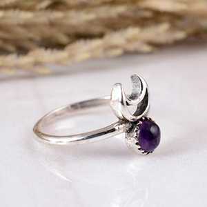 SHYAM JEWELRS Handmade 925 Sterling Silver Amethyst Crescent <b>Moon</b> <b>Ring</b> Natural Gemstone Celestial Dainty Band Artisan Witchy - Product Image 2