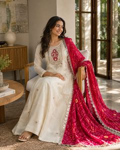 Ensemble Kurti et pantalon en soie et mousseline beige à motifs floraux, style indien, pour femme, tenue de fête, avec dupatta Bandhani, robes Salwar Kameez - Product Image 5