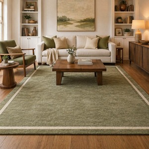 Tapis moderne en laine beige tufté à la main, antidérapant, résistant aux animaux domestiques, avec bordure verte unie, motif géométrique, doux et moelleux pour salon et chambre - Product Image 3