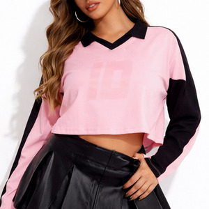 En gros, Maillot de football américain décontracté pour femme, rose et noir, coupe courte, manches longues, avec empiècements contrastants, style streetwear, coupe ajustée, mode décontractée - Product Image 1