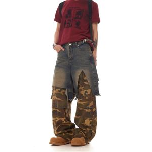 <b>Men's</b> <b>Camo</b> Patchwork Wide Leg <b>Cargo</b> <b>Pants</b> Street Style Denim Trousers - Product Image 5