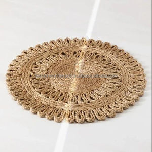 Handcrafted Round Jute Rug with Scalloped <b>Edge</b> & Dark Contrast Border Natural Fiber <b>Floor</b> Mat <b>for</b> Rustic Farmhouse or Boho Style - Product Image 5