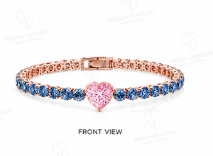 Exquisite tennis <b>bracelet</b> in 18K rose gold with vivid royal blue diamonds and pink heart center stone precision set brilliance - Product Image 2