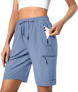 Shorts cargo pour femmes, taille haute, cordon de serrage, élastique, séchage rapide, décontractés, tricotés, en spandex et polyester, avec poches - Product Image 5