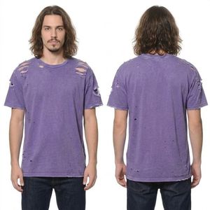 เสื้อยืดวินเทจผู้ชาย ผ้าฝ้าย 100% แขนสั้น ทรงหลวม สไตล์ลำลอง สตรีทแวร์ ขาดๆ บริเวณไหล่ - Product Image 3