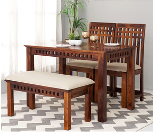 Ensemble de table à manger 2+1+1, 4 pièces, table à manger en bois massif Sheesham, ensemble compact pour 4 personnes, ensemble de table à manger design Jodhpuri avec banc - Product Image 2