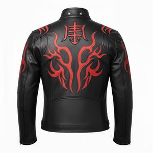 Chaqueta de Motociclista Gótica para Hombre, de Cuero Auténtico Negro, Resistente al Viento, con Bordado de Llamas Rojas, Estilo Cosplay, Chaqueta de Carreras, Logotipo Personalizado - Product Image 1