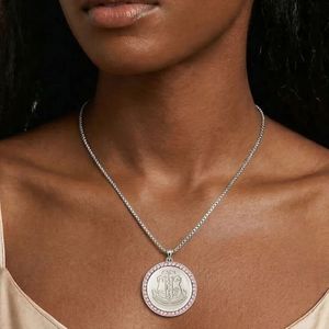 Silver Round Medallion Pendant <b>Necklace</b> with Pink Crystal Halo Fine Chain Elegant <b>Statement</b> Jewelry for Women Fashion Party - Product Image 6