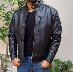 Chaqueta de Cuero Genuino para Hombre con Cierre de Cremallera, Forro de Tela No Tejida, Exterior de Lana/Viscosa, Ecológica, Estilo Vintage, Ropa de Invierno - Product Image 3