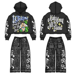 Conjunto de chándal de 2 piezas con lavado ácido, sudadera con capucha de manga raglán y pantalones acampanados, talla grande XL, invierno, con logo, envío aéreo - Product Image 3