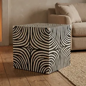 Mesa Auxiliar de Madera Hecha a Mano con Incrustaciones de Hueso, Patrón Concéntrico Blanco y Negro, Mueble Decorativo para Sala de Estar - Product Image 5