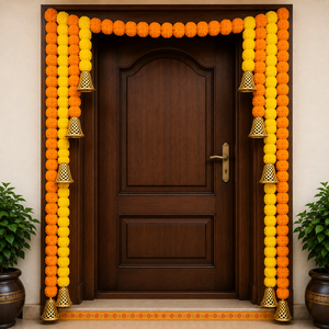 Guirnalda Decorativa de Caléndulas Amarillas y Naranjas, Campanas Doradas, Hecha a Mano con Plástico Ecológico, para Colgar en la Puerta, Decoración para Diwali, Bodas y Hogar - Product Image 2