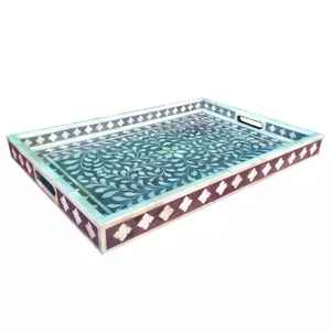 Plateau de service rectangulaire en os incrusté avec poignées métalliques dorées pour mariages, événements festifs, plats de service tendance, décoration de table - Product Image 4