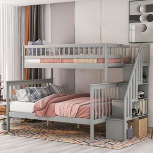 Letto a Castello Grigio con Scala e Contenitore, Dimensioni Twin Over Full, per Bambini - Product Image 1