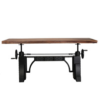 Table de salle à manger vintage robuste de style industriel rustique en bois d'acacia massif avec plateau à bords naturels et base en métal à manivelle avec rivets
