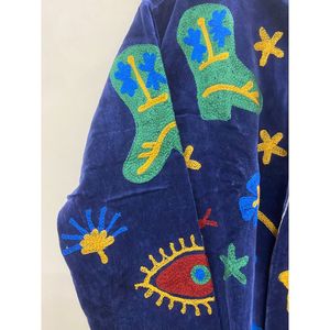 Hand Embroidered Velvet Cotton Jacket <b>Women</b> Mandarin Collar Full Sleeve Autumn Winter Bohemian Eye Pattern Open Front <b>Coat</b> - Product Image 4