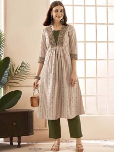 <b>Women</b> Beige Cotton Digital Print Embroidered Quick Dry <b>Kurta</b> Green Trouser Set Traditional Regular Fit Knee Length Casual Wear - Product Image 1