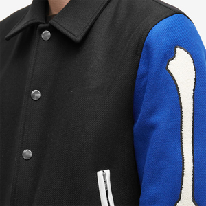 Men's Custom Streetwear Skeleton Bone Embroidery Varsity Jacket Blue Patchwork Wool Letterman Bomber Jacket <b>Hip</b> Hop Style Coat - Product Image 4
