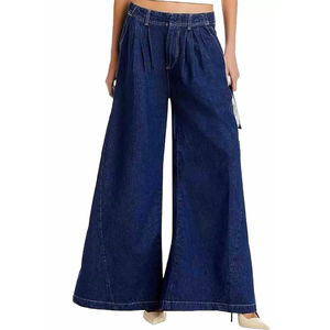 Jean baggy évasé taille haute en denim délavé foncé à multiples poches pour femme – Pantalon baggy pour femme en vente - Product Image 1