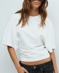 Camiseta Corta Blanca para Mujer, Estilo Holgado, Hombros Caídos, Manga Corta, Cuello Redondo, Color Sólido, Algodón Jersey, Transpirable - Product Image 1