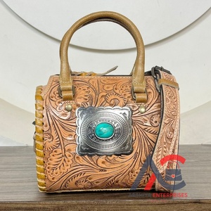 Multifunctional Large Capacity Floral Hand Tooled Leather Duffel Bag Genuine Cowhide Leather Travel Mini Speedy Bag for Women's - Product Image 1