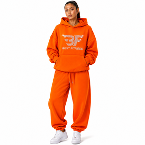 Ensemble de survêtement kaki à capuche pour femme, 2 pièces, en coton, coupe ample, avec cordon de serrage, pantalon de jogging à poches avant, personnalisable, automne-hiver - Product Image 5