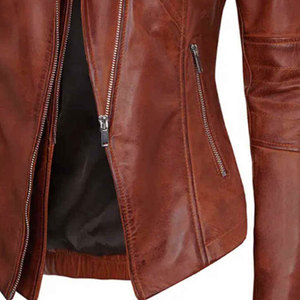 Chaqueta de Motociclista para Mujer, de Piel de Cordero Marrón, Transpirable, Gruesa, con Cierre, Cuello Camisero, Manga Larga - Product Image 5