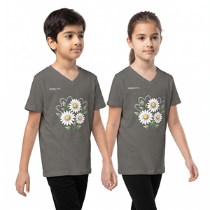 T-shirt personnalisé pour enfants à col en V avec sublimation florale, imprimé floral unisexe, jersey pour garçons et filles, hauts décontractés à manches courtes, fournisseur en gros - Product Image 4