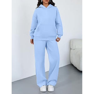 Ensemble sweat-shirt à capuche en spandex bleu clair uni pour femme, pantalon ample en molleton à jambes larges, tenue décontractée pour toutes les saisons, ensemble 2 pièces - Product Image 4