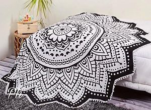 Tapisserie ronde Mandala Lotus noir et blanc, style bohème indien, pour mur, plage, nappe en coton, drap de yoga, 70 pouces - Product Image 3
