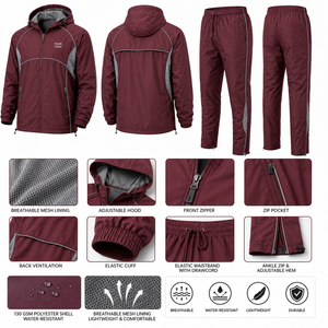 <b>Hooded</b> Windbreaker Track Suit Packable Waterproof Breathable Lightweight Sporty Unisex Autumn Nylon Fabric Side <b>Zip</b> Pocket Pants - Product Image 6