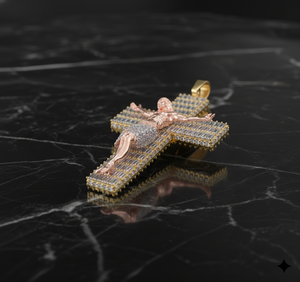Colgante de Cruz Personalizado con Incrustaciones de Diamantes, Hecho a Mano en Oro de Dos Tonos 925 con Diamantes Baguette y Redondos Engastados a Mano - Product Image 1
