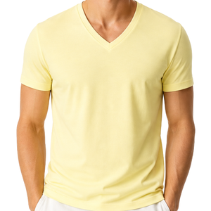 Camiseta de hombre de color amarillo pastel de primera calidad, personalizada, de tela jersey suave, corte ajustado, cuello en V y manga corta. - Product Image 2